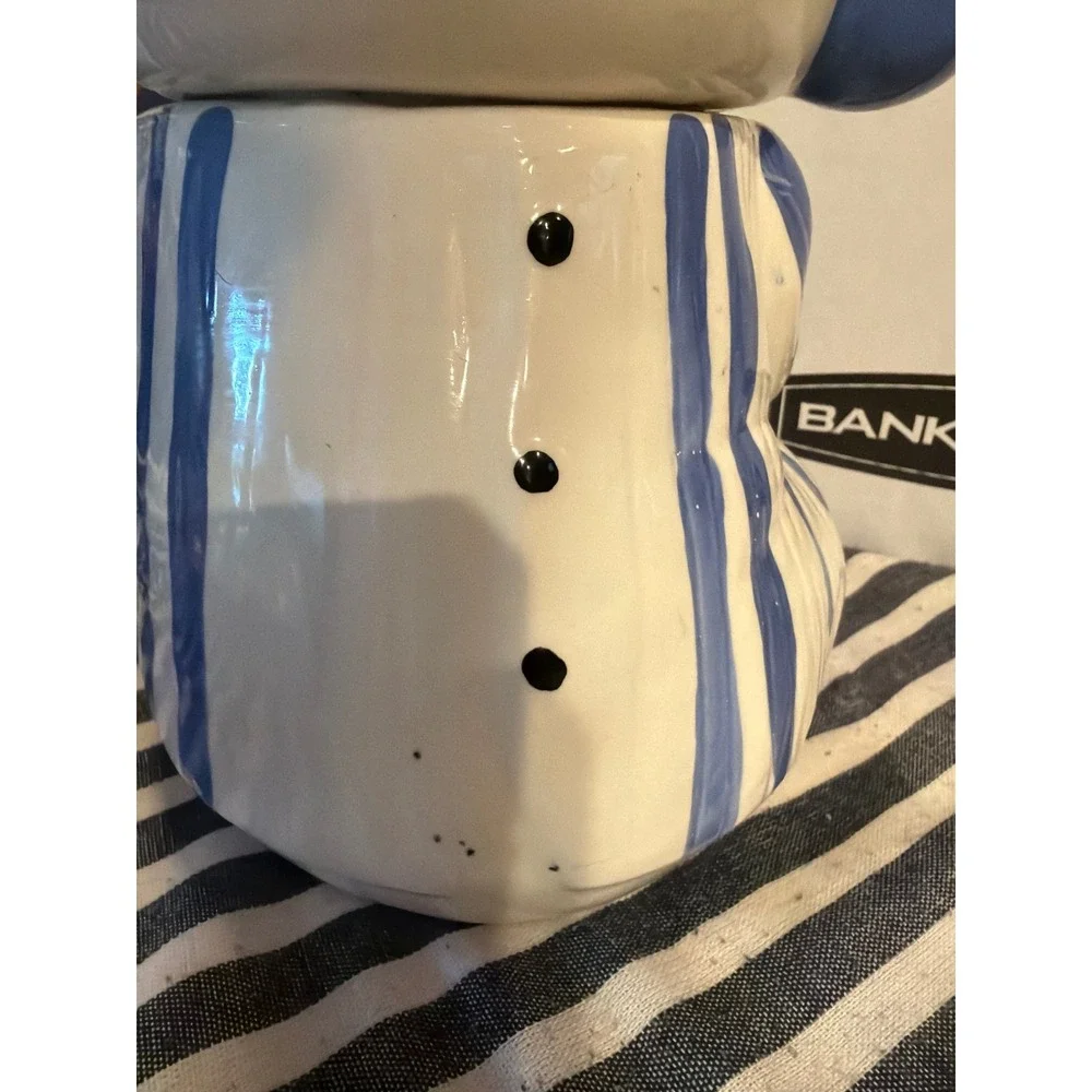 Vintage Ceramic Polar Bear Cookie Jar Blue Striped Pajamas Nightcap 10 Inch